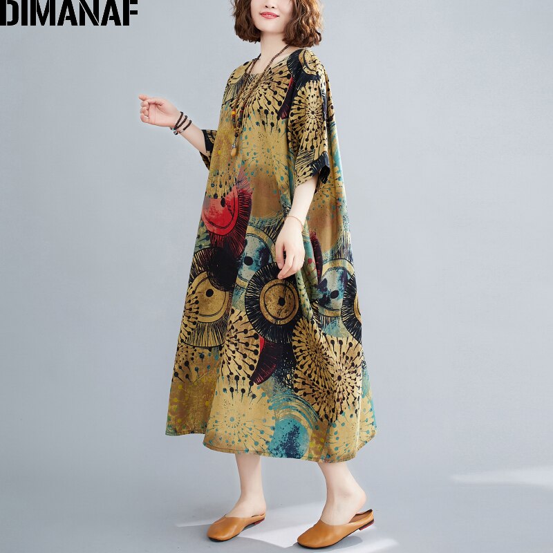DIMANAF-Vestido largo holgado de talla grande para mujer, ropa de playa de verano, Lino estampado, talla grande 5XL y 6XL
