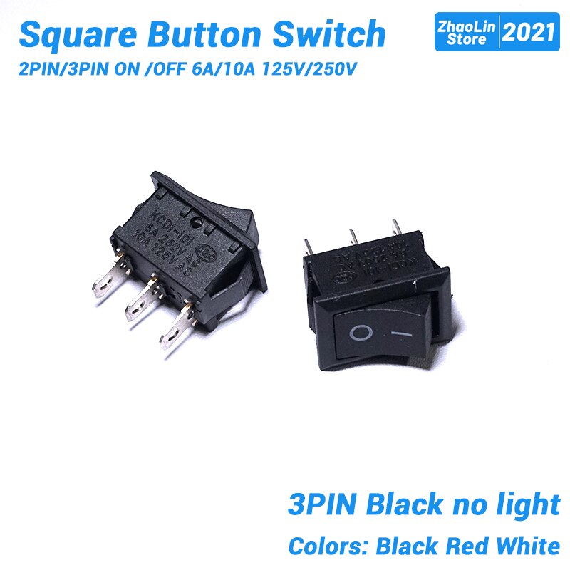 Square Button Switch For Boat Car Rocker Switch 2PIN/3PIN ON /OFF 6A/10A 125V/250V Black Red and White: 3PIN Black / 10PCS