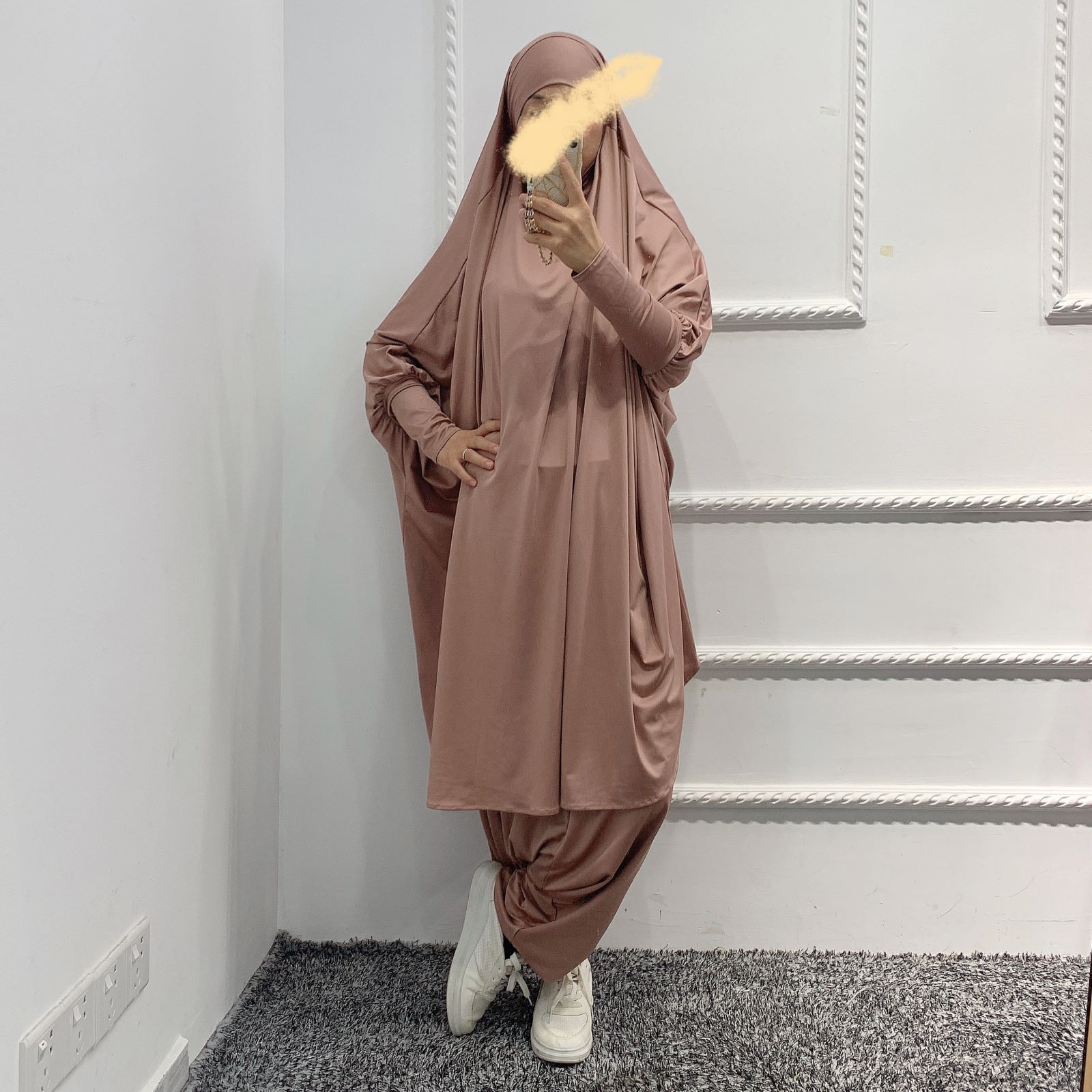 Muslim Macthing Outfit Dress Abaya 2pcs Set Women Jilbab Khimar Hijab Islamt Prayer djellaba femme Niqab Turkey Dubai Clothing: Khaki