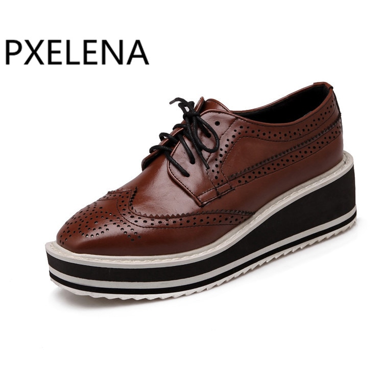 Pxelena british snørebånd preppy flad platform oxfords til kvindelige kvinder brogues wingtip platform creepers sko fretworkplus str.