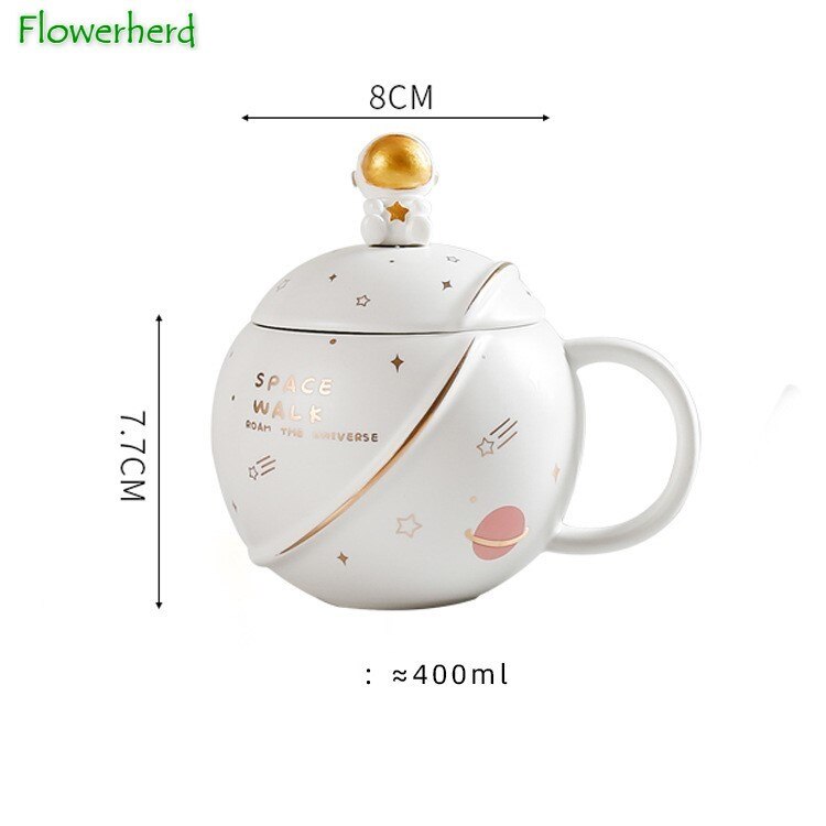 Mug Spaceman Planet Coffee Mug with Lid Spoon Round Ceramic Coffee Cup Embossed Couple Drinking Cup Water Cup