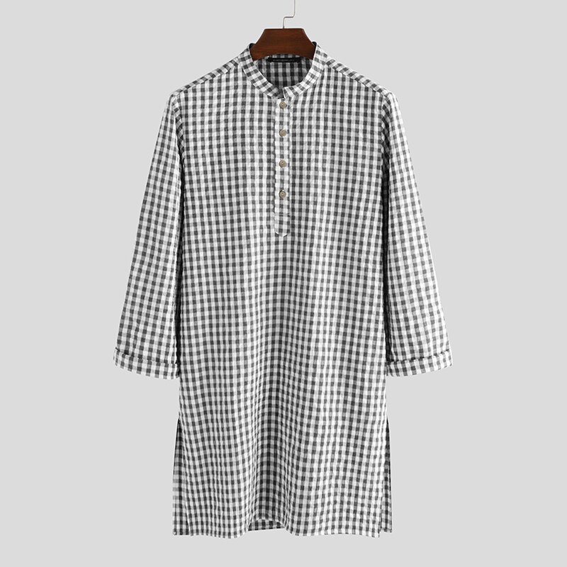INCERUN Men Long Shirt Plaid Long Sleeve Indian Clothes Streetwear Stand Collar Kurtas Muslim Tops Vintage Casual Men Shirt: Black / 5XL