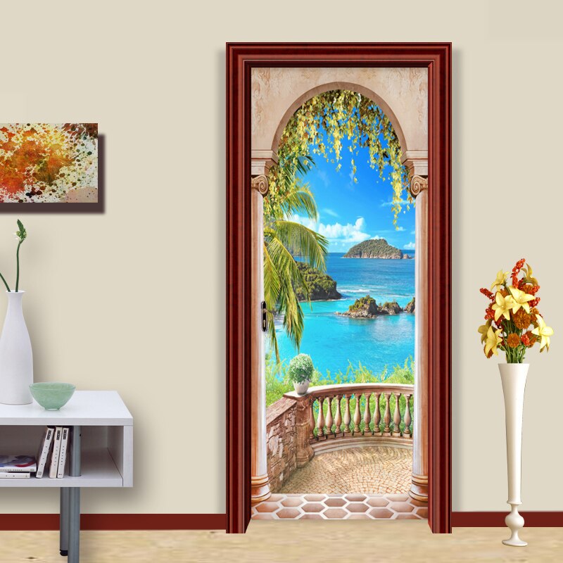 Pegatina de decoración de Puerta del hogar 3D foto de la playa Mural papel pintado sala de estar dormitorio PVC autoadhesivo impermeable pegatinas creativas DIY