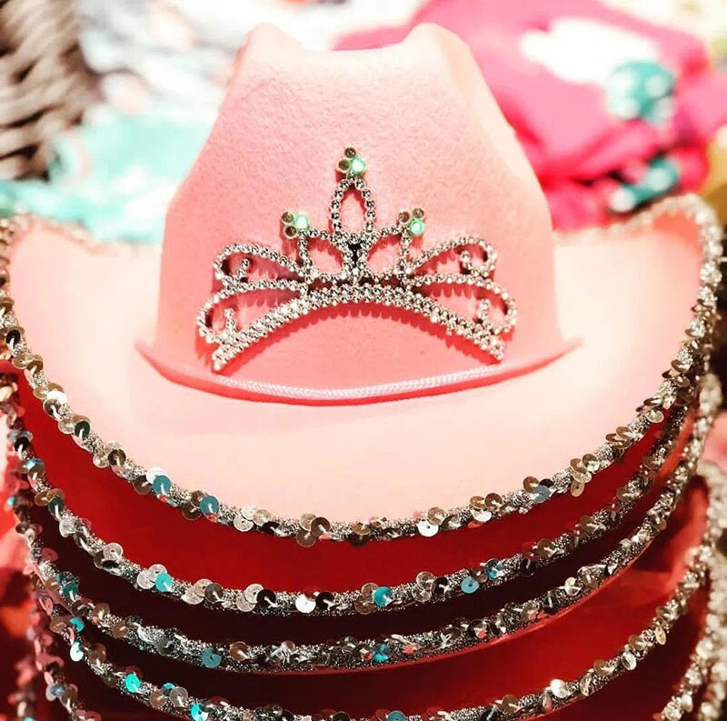 Feather Trim Letter Cowboy Hat Sequined Pink Crown Hat Prom Party Decoration Cap Happy Birthday Party Decor Kids Girl Princess
