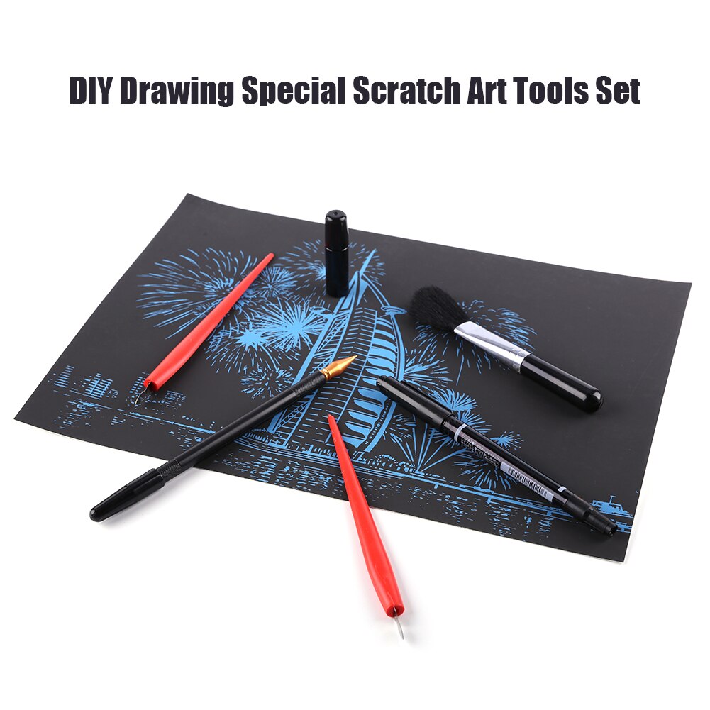 5Pcs Painting Drawing Scratch Arts Set with Stick Scraper Pen Black Brush for Scratch Sketch Art Papers Boards Tools DIY