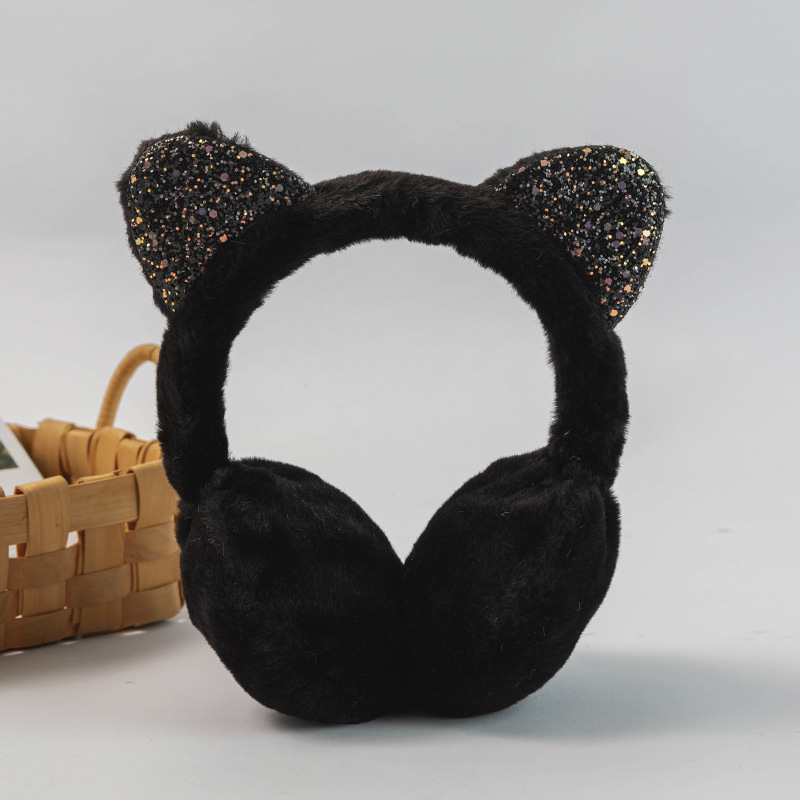 Cuffie per bambini in peluche con orecchie di gatto cuffie morbide lucide fascia per bambini ragazzi ragazze unisex moda Vintage ▾ cuffie invernali tutto'aperto: nero