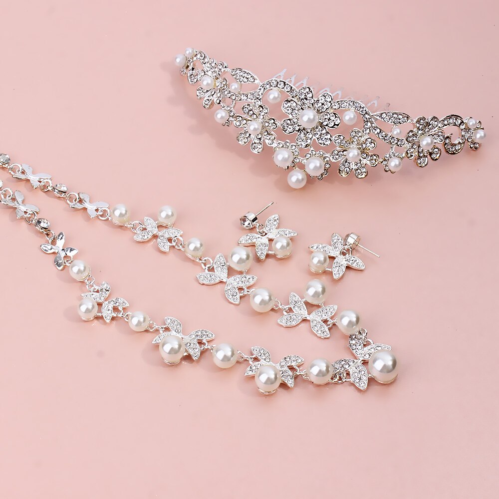 FARLENA Hochzeit Schmuck set Kristall Perle Halskette ohrringe und Krone für Frauen Zubehör Braut Schmuck sets