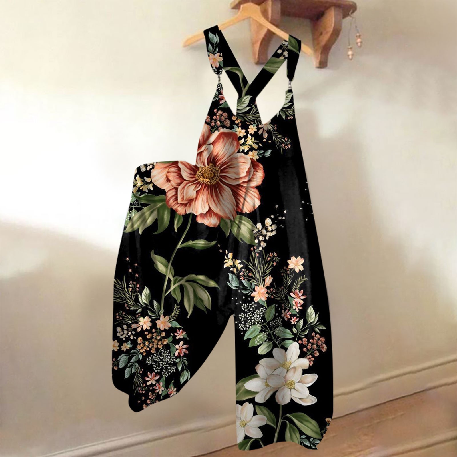 Brede overalls til kvinder, afslappet, løse ærmeløse jumpsuits med retroprint, metalknapper, lange bukser med lommer: Xl / Sort