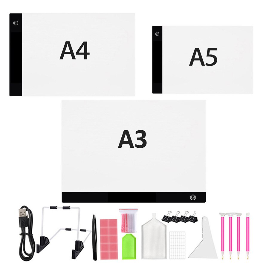 Tablette lumineuse LED A5/A4/A3 pour dessin et peinture diamant, support pour stylo, réglable, alimenté par USB, pour dessiner, tracer, accessoires