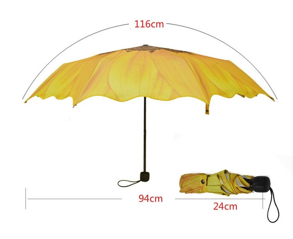 3d solsikketrykk tre sammenleggbare paraplyer regn damer pongee solrik og regnfull paraply anti uv føler seg komfortabel