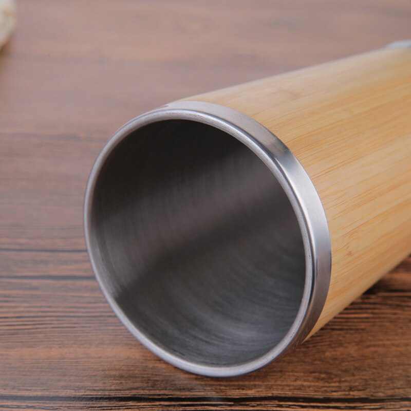 UPORS 450ML Natural Bamboo Travel Mug with Lid Stainless Steel Coffee Cup Tumbler Bottles Beer Coffee Mug Tea Cup
