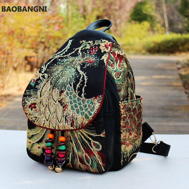 Retro Phoenix Geborduurde Rugzak Pailletten Canvas Tribal Etnische Geborduurde Bloemen Rugzakken Nationale Vrouwen Back Pack Bag