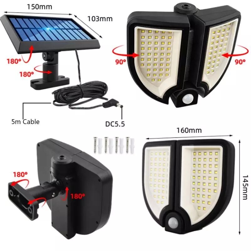 Solar Lights Outdoor with Solar Panel Remote Control 90 LED 3D Round Adjustable Induction Sensor Waterproof Wall Lamp Garage