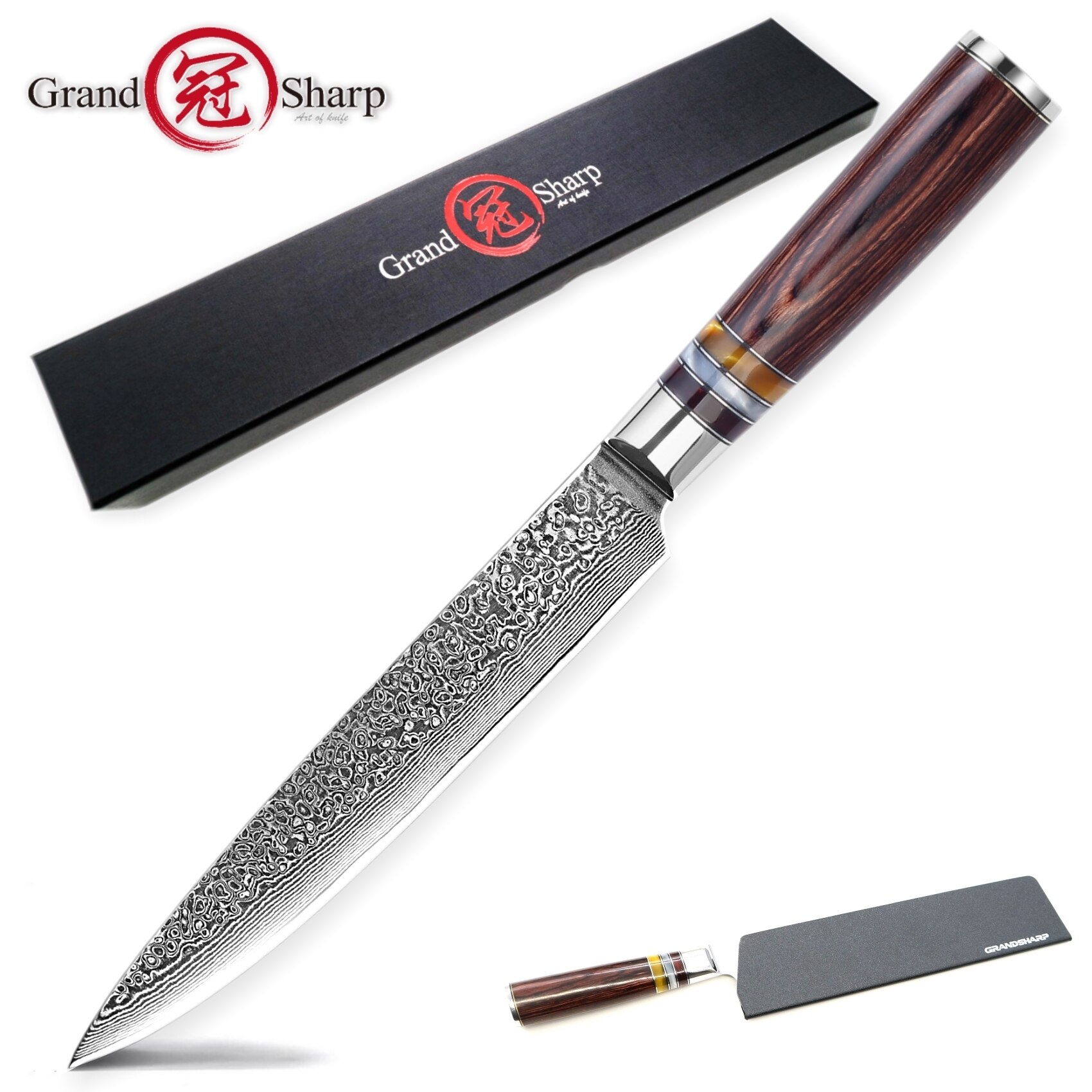 Grandsharp Damasco cuchillos de cocina 4 Uds Chef cuchillo Nakiri de corte de herramientas de cocina casera VG10 japonés de acero inoxidable: Slicing knife