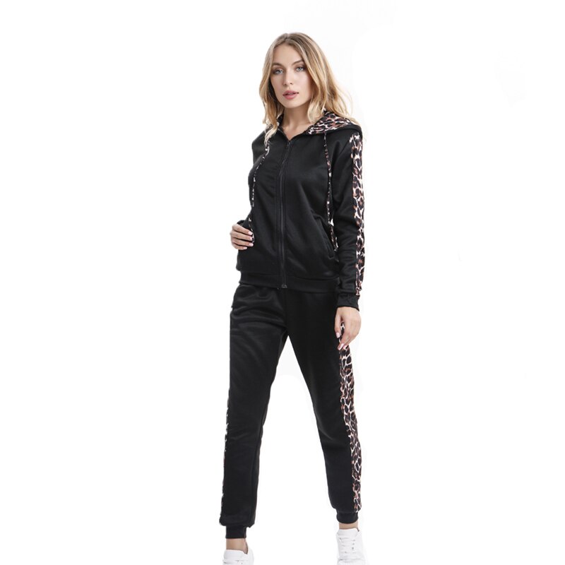 Autumn Winter Tracksuit Women Splice Leopard Print Coat And Pants Two Pieces Set Women Hoodies Long Pants Suit