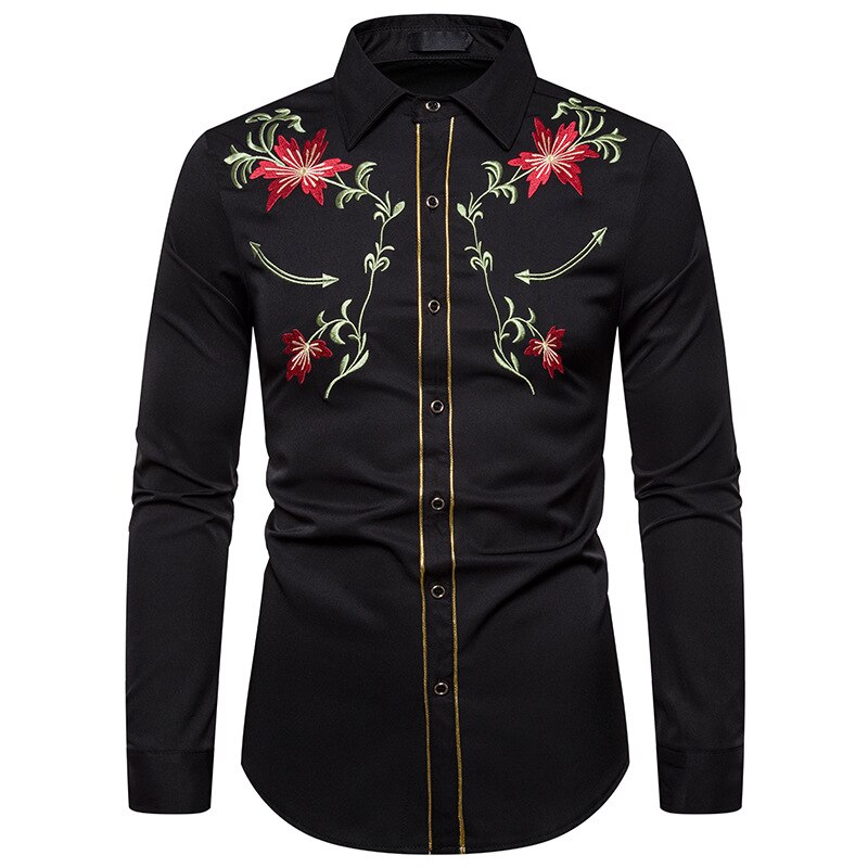 Männer Hemden Westlichen Denim Blume Bestickt Dünne Beiläufige Lange Hülse Zugeknöpft Hemd Männer der Nationalen Wind Bestickte Hemd S-2XL: Schwarz / M