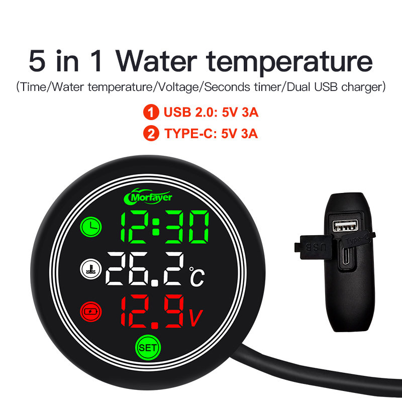 Motorfiets paneel digitale universele temperatuurklok mini full screen thermometer 5 in 1 touchscreen usb type-c meter: Legergroen