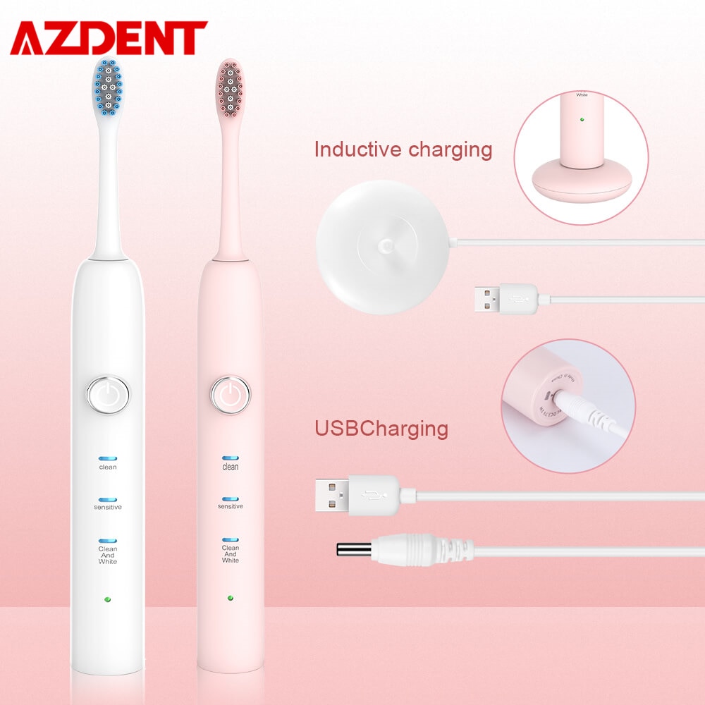 AZDENT Inductieve USB Oplaadbare Elektrische Tandenborstel 3 Modes Ultrasone Tanden Borstel 3 DuPont Vervangbare Koppen Waterdicht