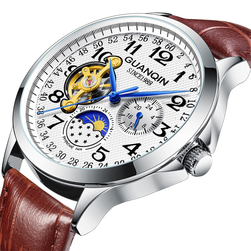 Guanqin Heren Horloges Top Brand Luxe Skeleton Lederen Sport Tourbillon Automatische Mechanische Horloges: L White