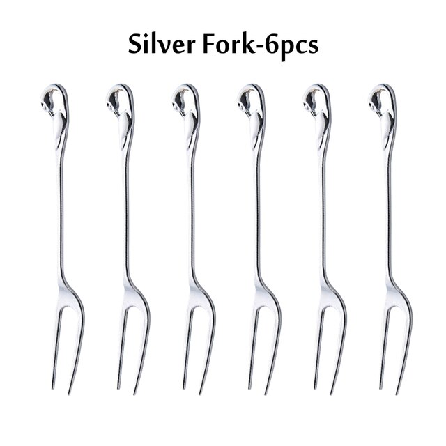 Swan Fruit Base Holder Forks Set Stainless Steel Flatware Bento Accessories Salad Dessert Fork Coffee Spoon Cake Fork Dinner Set: 6PCS Silver Fork