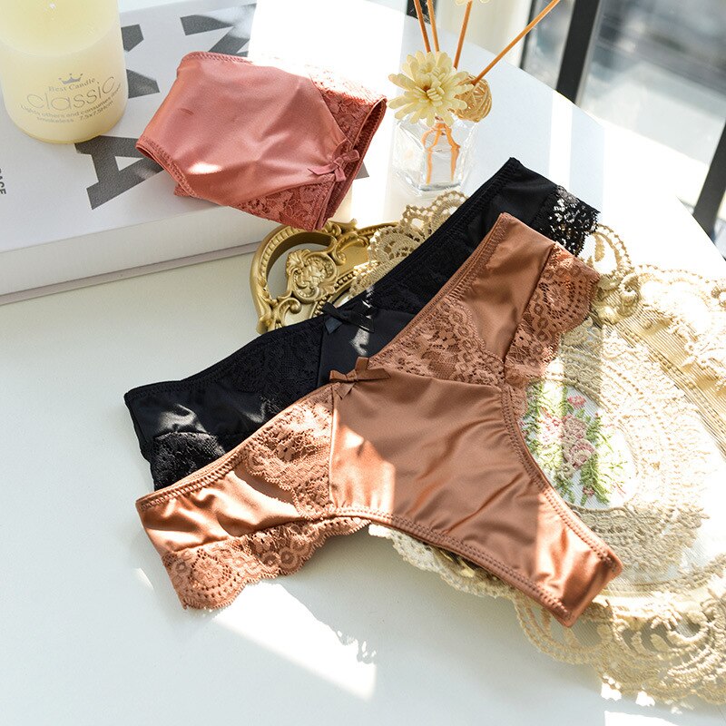 High-end Silky Underwear Women Thongs Hollow Lace Seduction Triangle Satin Medium Low-waisted Sexy T-less Women's Panties