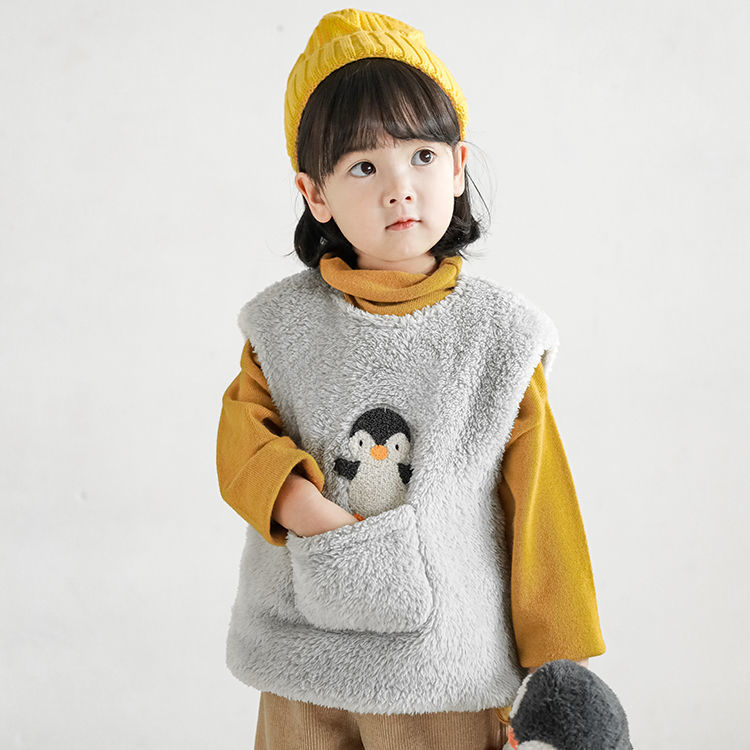 Chłopięca i dziewczęca kamizelka jesienno-zimowa ciepła dla dzieci kreskówka aksamitna kamizelka bez rękawów z dekoltem w kształcie litery "o" kamizelka dziecięca z jagnięciny dziewczęca śliczna gruba kamizelka