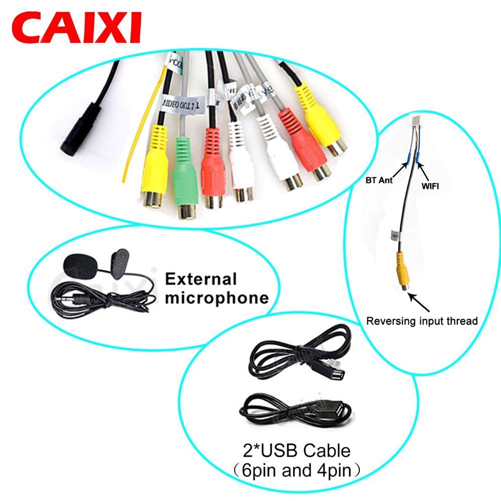 Caixi 2 din android bilradio rca output linje hjælpeadapter kabel usb kabel gps antenne ekstern mikrofon