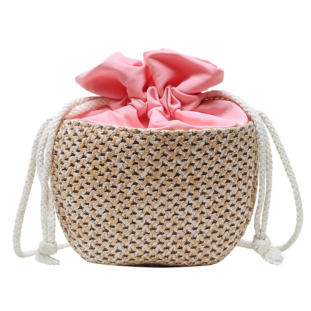 Trekkoord dames stro tas geweven schouder vakantie dames schoudertas portemonnee strand handtassen: Roze