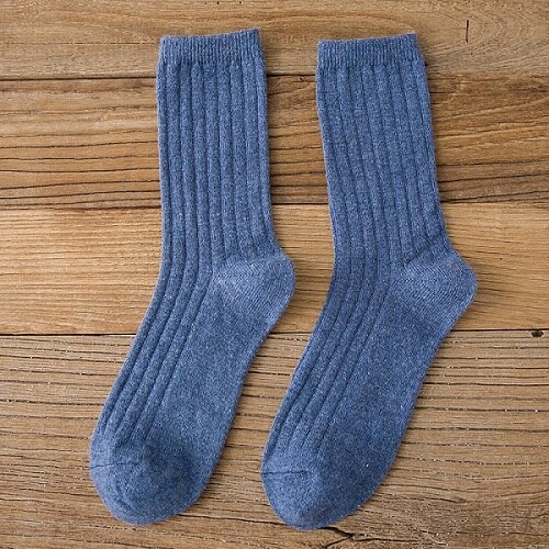 Chaozhu Herfst Winter Wol Dikker Warm Basic Effen Kleuren Sokken Rib Losse Gestapelde Basics Sokken Vrouwen: Blauw