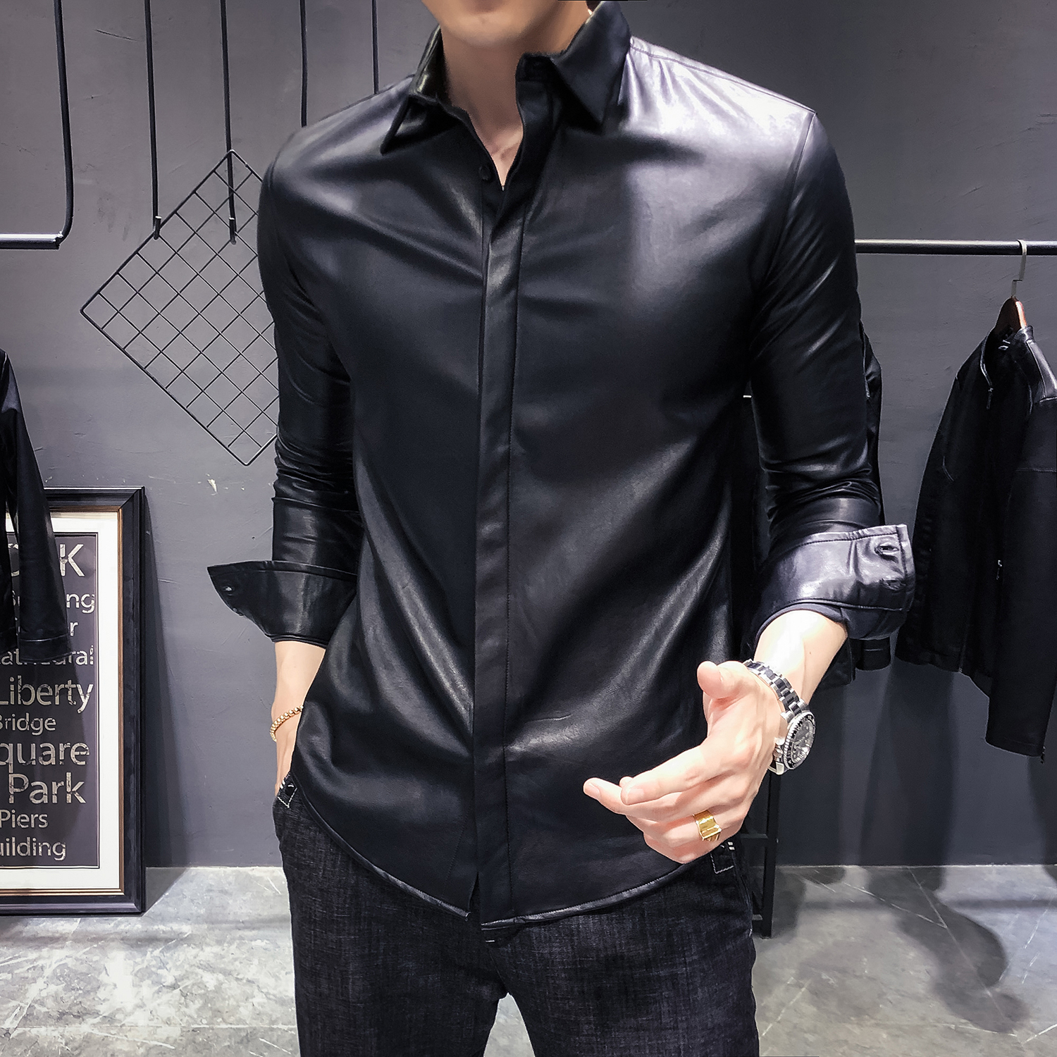 Chemises en cuir pour hommes, classique, tendance, coréenne, Slim Fit, Camisa Social Masculina, robe noire, manteau d&#39;extérieur