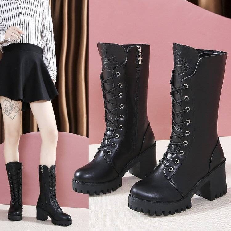 Botas de Media Caña con Plataforma para Mujer, Zapatos de Tacón Alto Informales con Cordones y Cremallera, Calzado para Tiempo Libre, para Otoño e Invierno