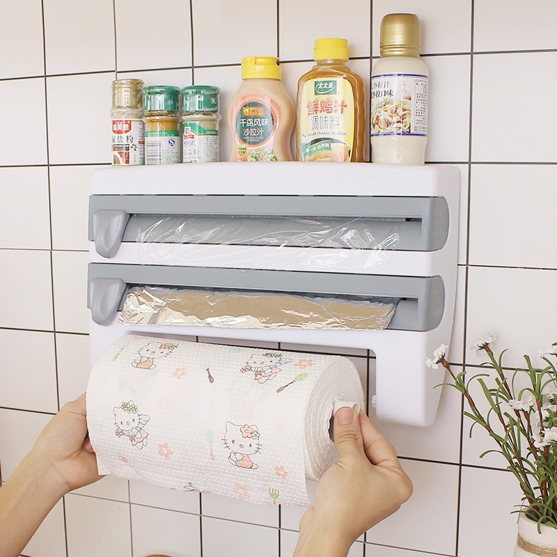 Kökshållare med plastfolie skärhållare såsflaska aluminiumfolie pappersförvaringsställ pappershanddukshållare köksarrangör