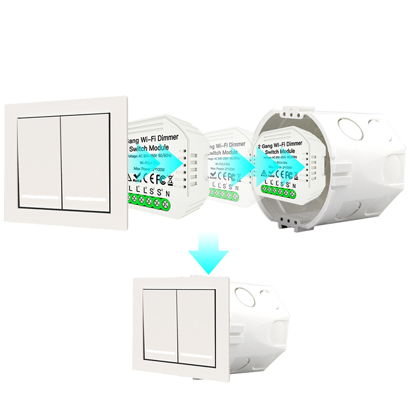2 Gang DIY WiFi Smart 2 Way Light LED Dimmer Module Switch Smart Life/Tuya APP Remote Control Work with Alexa Google