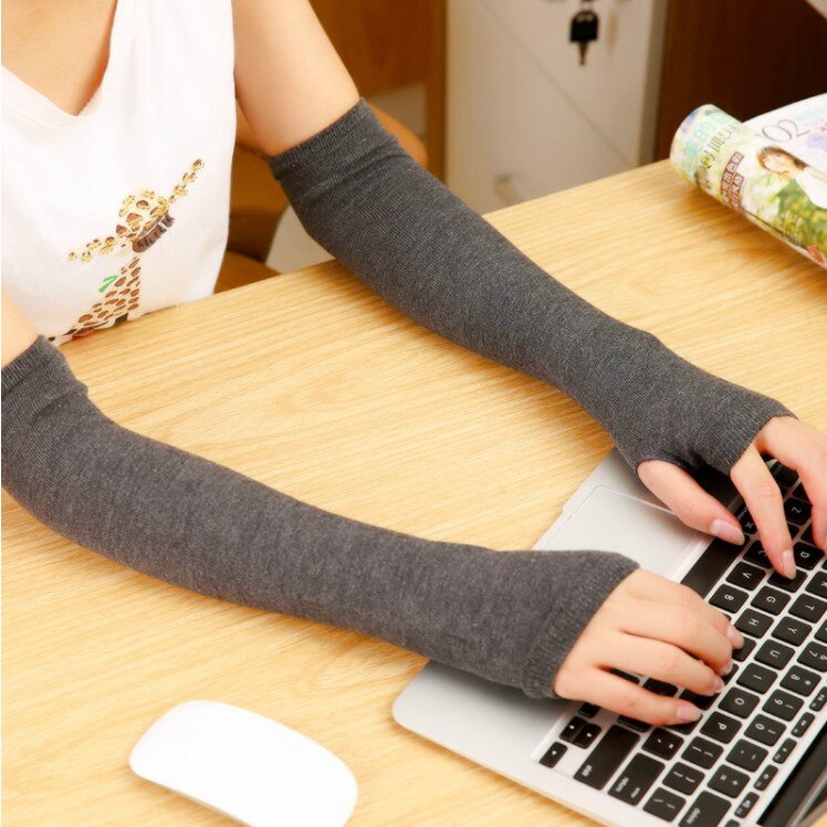 Armvärmare kvinnor cashmere randig solid varm vinter lång finger-mindre tjockare dam ärm match match fritid trendig chic kawaii: Mörkgrå