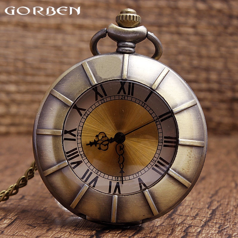Gorben Horloge Koper Case Romeinse Nummer Glas Wijzerplaat Quartz Zakhorloge Transparante Vintage Unisex Horloges Met Lange Keten Ketting