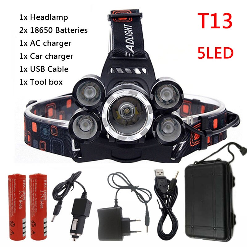 8000 Lumen Hight Power Licht 5 Led Koplamp Cree Xml T6 Led Head Lamp 18650 Oplaadbare Zaklamp Fakkel Lantaarn: Option C