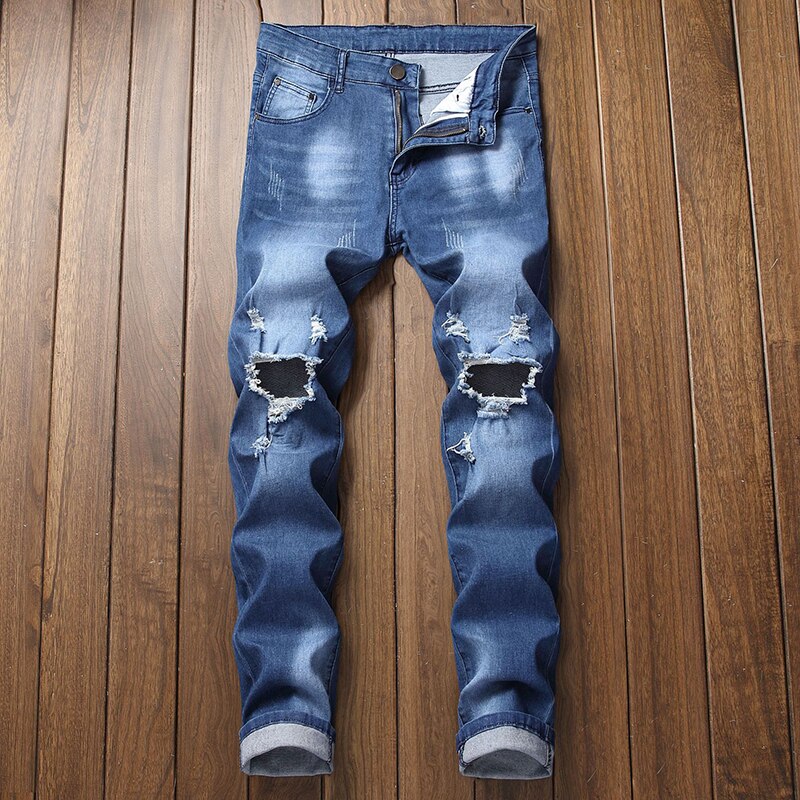 Heren Broek Rechte Knie Gat Straat Trendy Broek Mannen Jeans Ripped