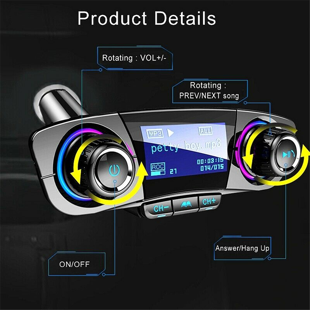 Bluetooth 5.0 Car FM Transmitter - Hands-Free MP3 Player Radio Adapter with USB Charger