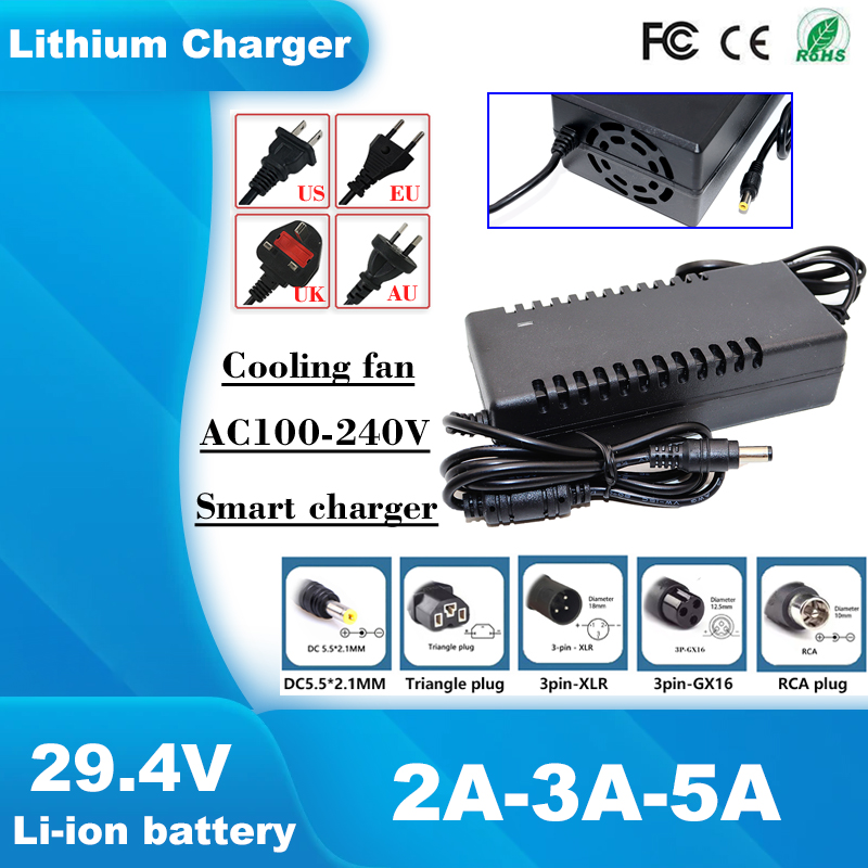 29.4V 2A/3A/5A Li-ion Battery Fast Charger AC100-240V for 24V 25.2V E-Scooter Lithium Battery-7S Li-ion Charger Safe charging