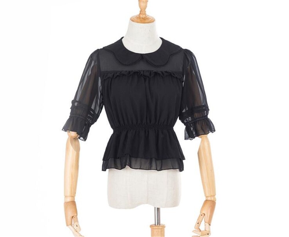 Sød kronbladskrave dame chiffon top halv gennemsigtige ærmer lolita bluse  b343: Sort / S