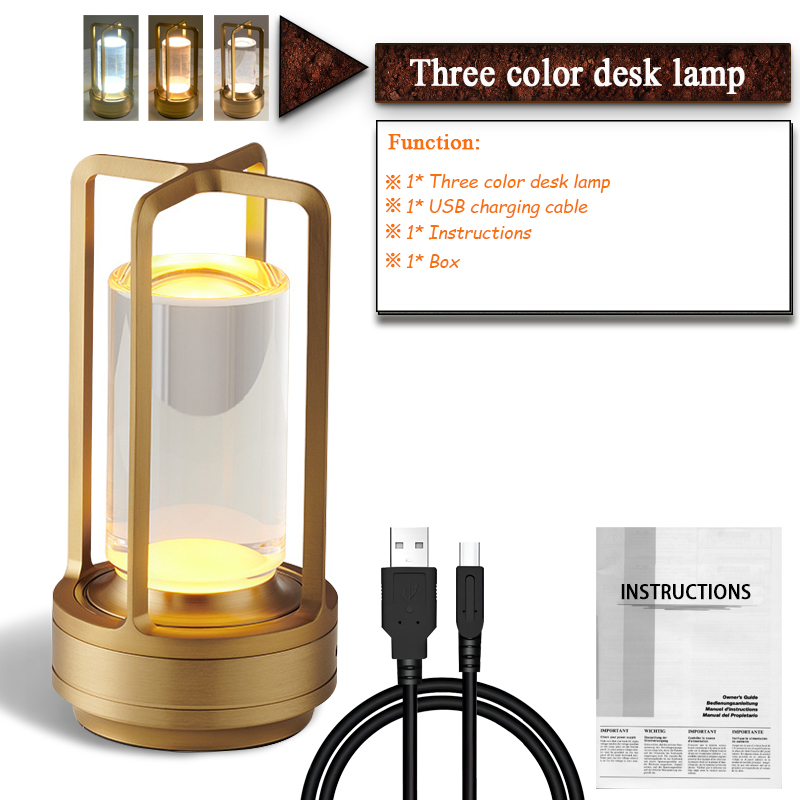 LED-lantaarn metalen frame tafellamp onzichtbare aanraakbediening modern draagbaar nachtlampje oplaadbaar met kristallen kolom LED-lamp: Bruin