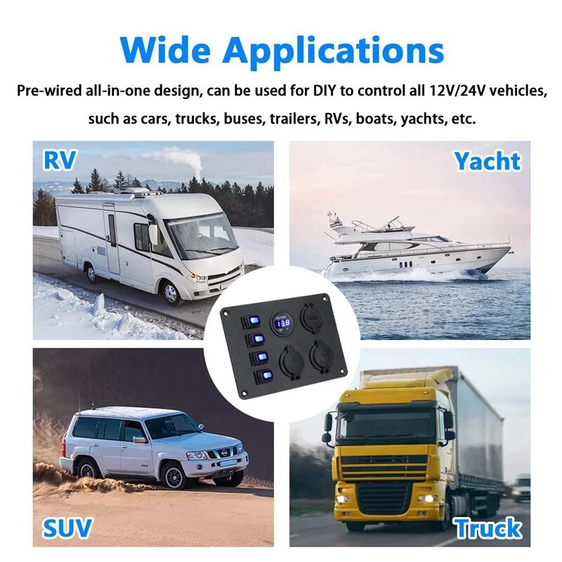 12V-24V Boat Switch Panel Switch Panel Waterproof Digital Voltmeter Dual USB Port Combination Marine LED Rocker 4 Gang