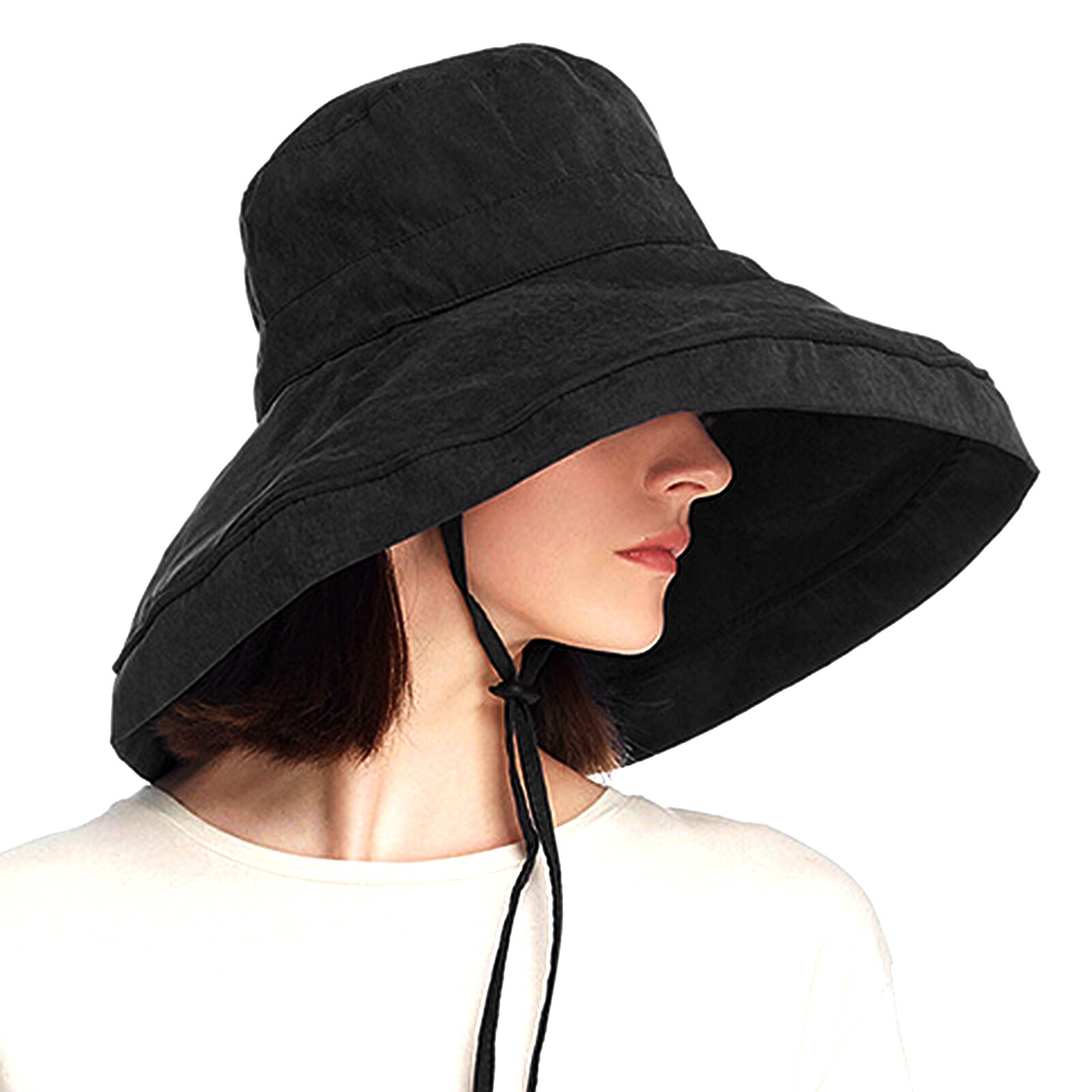 Zomer Zon Hoeden Dames Solid Plain Elegante Brede Rand Hoed Vrouwelijke Ronde Panama Beach Opvouwbare Brede Rand Cap Vrouwen: Black
