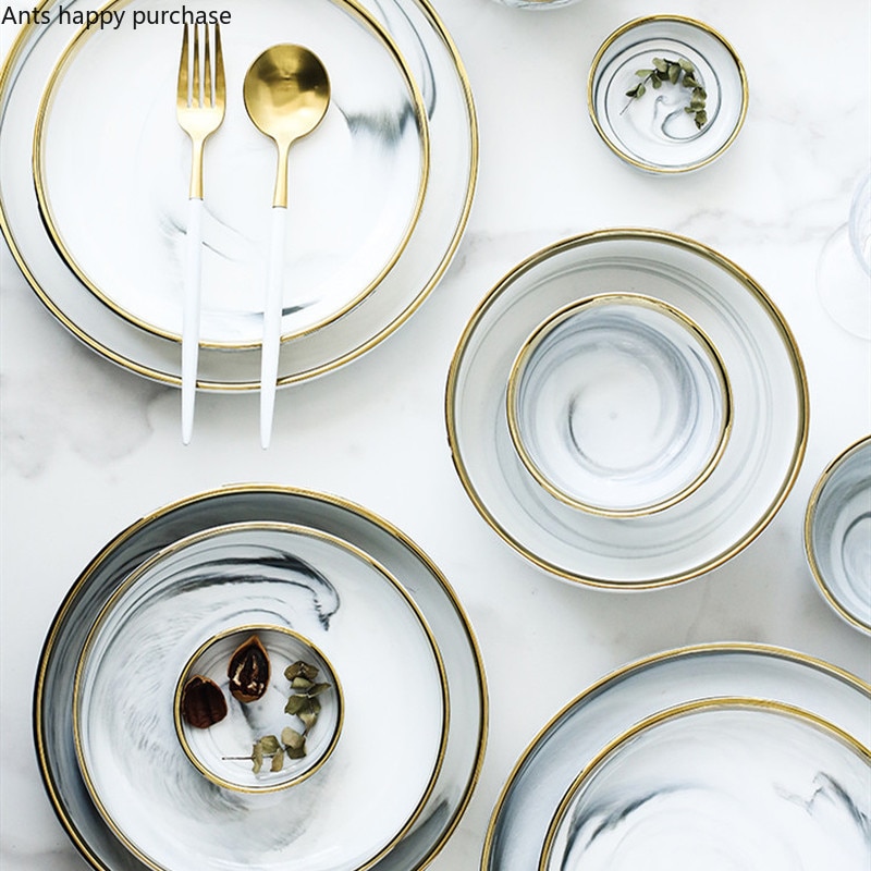 Phnom Penh Marmer Servies Keramische Plaat Thuis Plaat Servies Set Restaurant Decoratieve Servies Ronde Schalen en Borden Sets