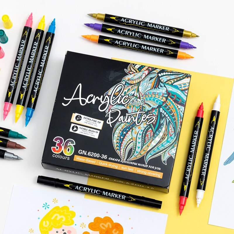 Acrylic Paint Pens Double-ended Extra Fine Tip Markers for Rock Painting Wood R9UF