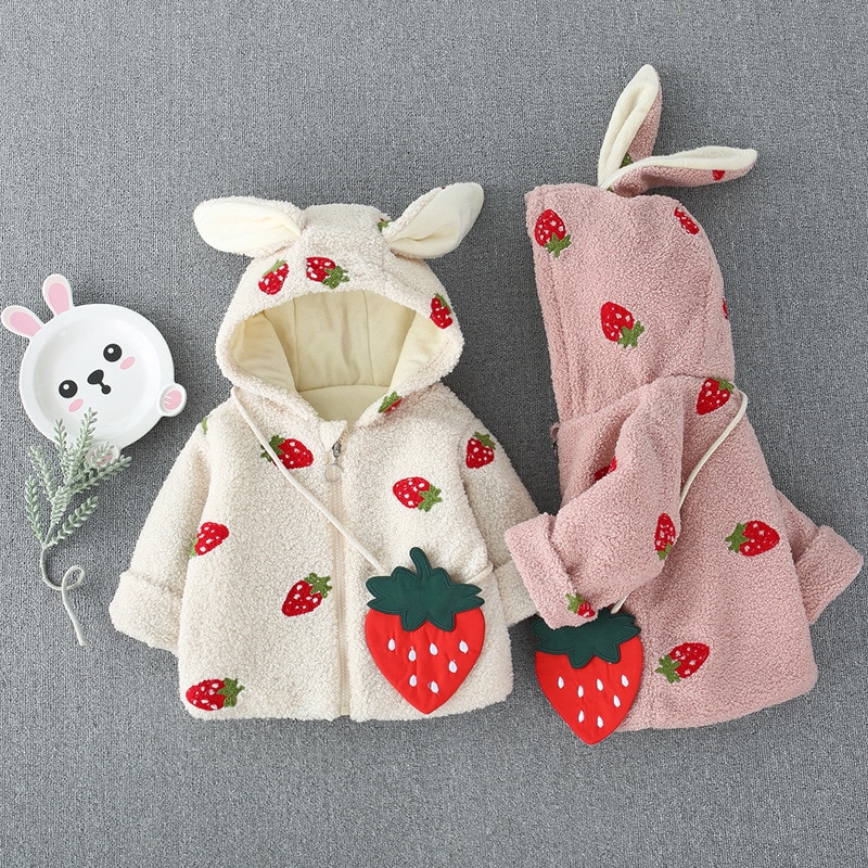 FOCUSNORM-mezcla de prendas de vestir dibujo de fresa de manga larga con capucha y cremallera, abrigos cálidos de piel para invierno, 0-3 años