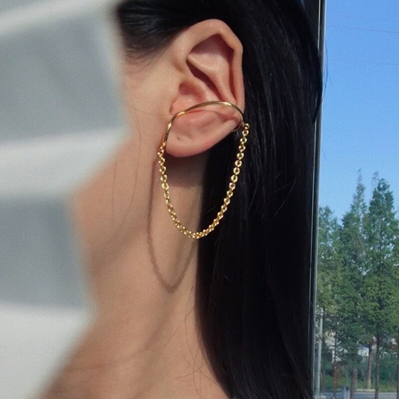 Huanzhi guld sliver färg metall ear cuff örhängen utan piercing geometrisk kedja dubbel cirkel för kvinnor flicka smycken