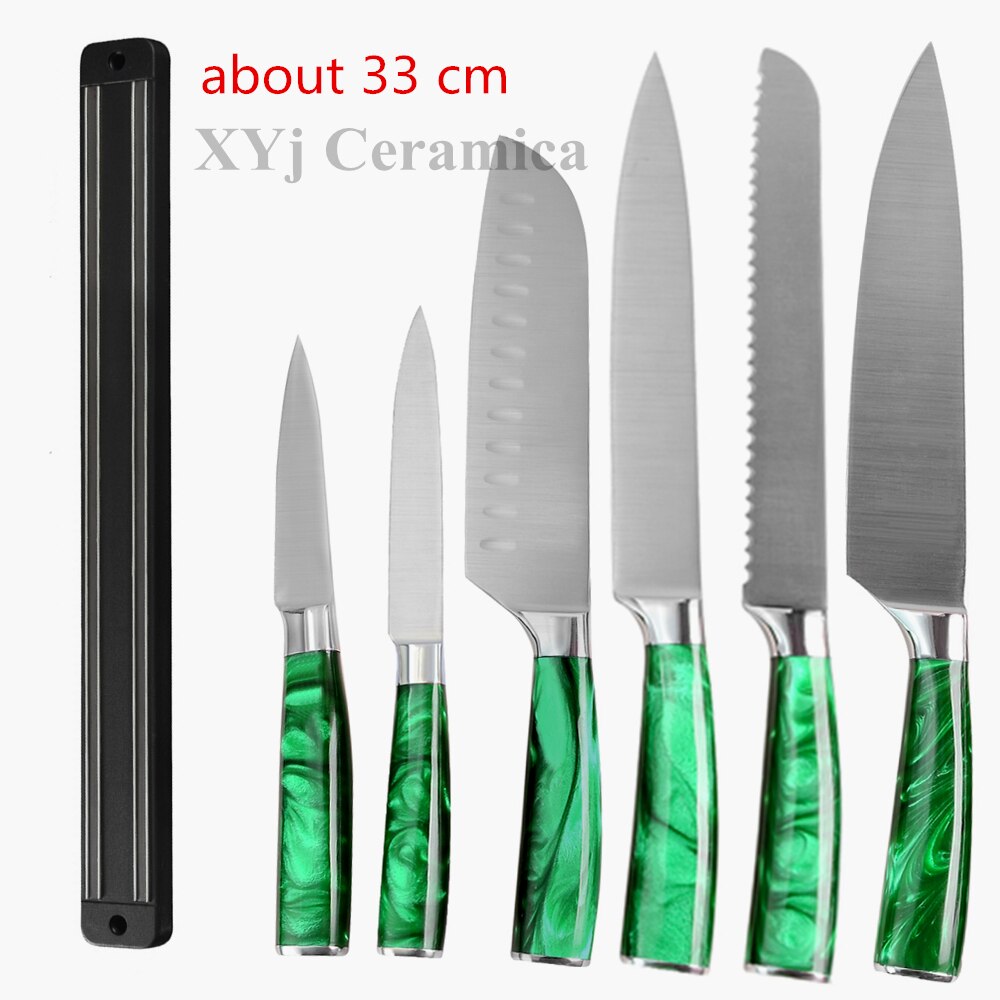 XYj-Juego de cuchillos de cocina de acero inoxidable, juego de cuchillos con Mango Verde de 8 pulgadas, Santoku, cortador de pan de Chef, rebanador chino 3CR13: D 6 with 33 holder