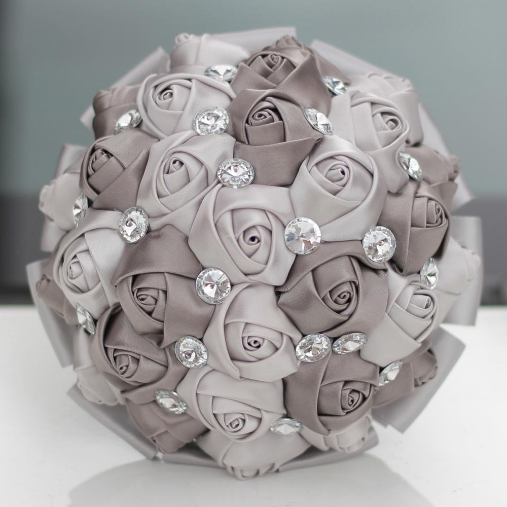 Bouquet de mariage broche diamant de , 15cm, rubans à fleurs de mariage, demoiselle d'honneur, Bouquets de mariage en cristal 8 Styles: W323 silver gray