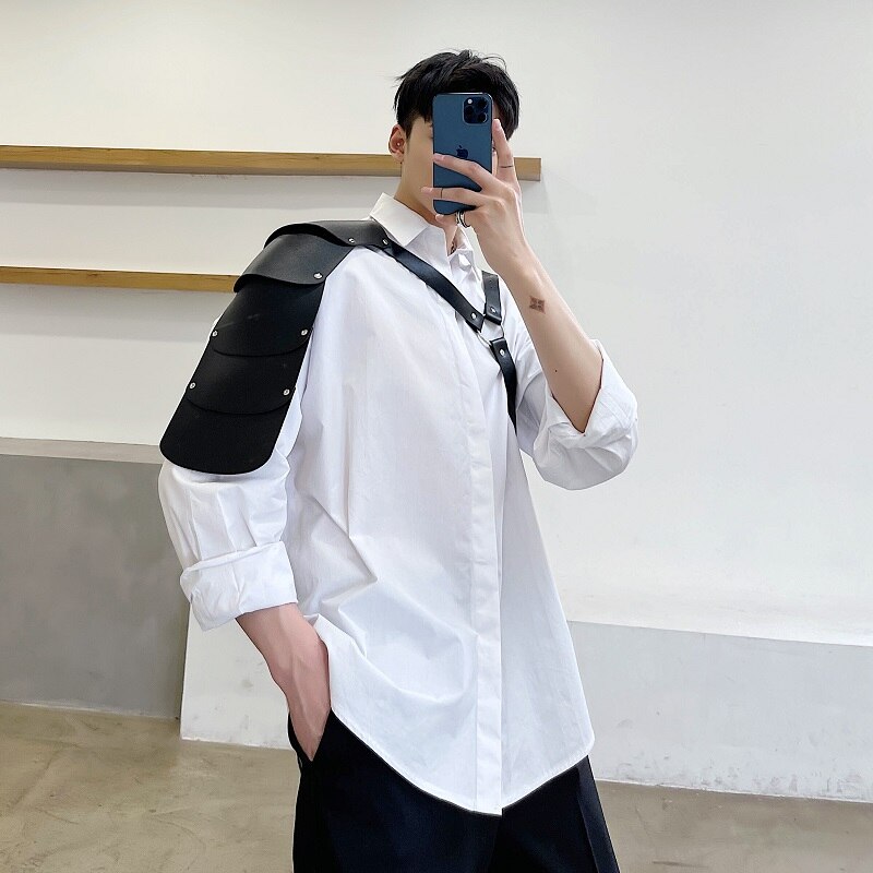 Printemps été Streetwear Japonais Hip Hop PU Bandage Noir Fonctionnel Vent À Manches Longues Chemise homme Ample Décontracté